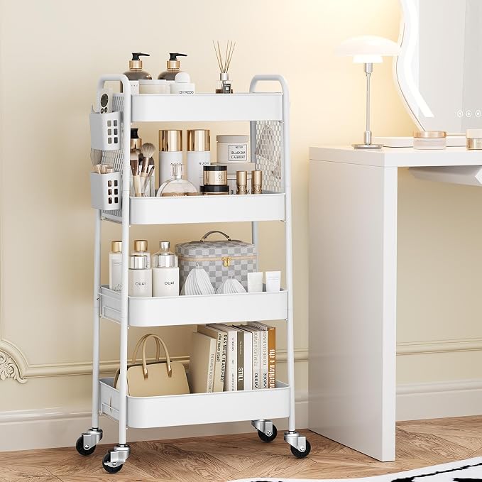 TOOLF 4 Tier Rolling Cart, Metal Utility Storage Cart with Pegboard, White | 2 Bins & 4 Hooks, Screwless Assembly, Lockable Wheels, Trolley Organizer for Bathroom, Kitchen, Office, Dorm, Craft Room