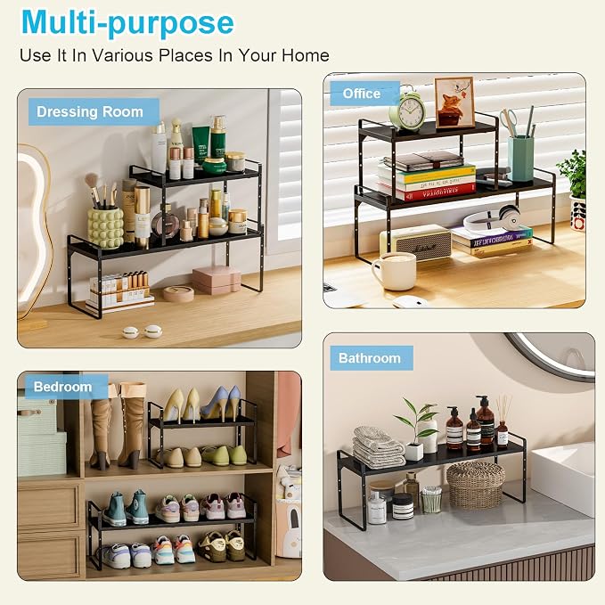 15.5 to 25.5 Inch Kitchen Cabinet Shelf Organizers, Adjustable Kitchen Counter Shelf Organizer, Set of 3 Expandable Countertop Storage Shelves, Stackable Design, 30LBS Heavy Duty, Space Saver