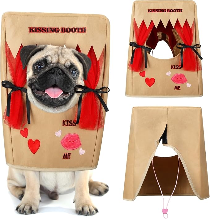 Halloween Dog Kissing Booth Costume Headpiece for Pets, Brown, L/XL | Pet Headwear for Dogs Cats with Red Fabric Hearts, Party Birthday Photo Prop, Fun Costume Gift for Pups