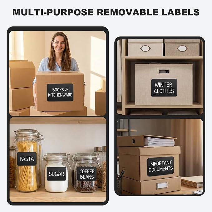 100 Pack Chalkboard Labels for Storage Bins, 6 X 4 in, Black | Removable Adhesive Labels, Tear Resistant, Includes 1 White Liquid Chalk Marker, for Home, School, Office Organization