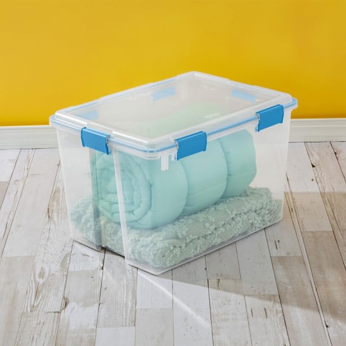 Sterilite Gasket Storage Box with Lids for Home & Office, 80 Quart, 12-Pack | Heavy-Duty, Stackable, and Organizing Containers for Bathroom, Cabinet, Closet, and Garage, Clear and Blue Aquarium Latches