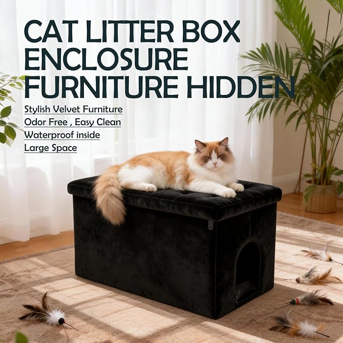MEEXPAWS Cat Litter Box Enclosure Furniture XL Velvet Lift Design Lid | Large Hidden Cat Washroom Bench Ottoman, Storage Cabinet Dog Proof,Urine Proof, Easy Clean, Quick Assembly,Black