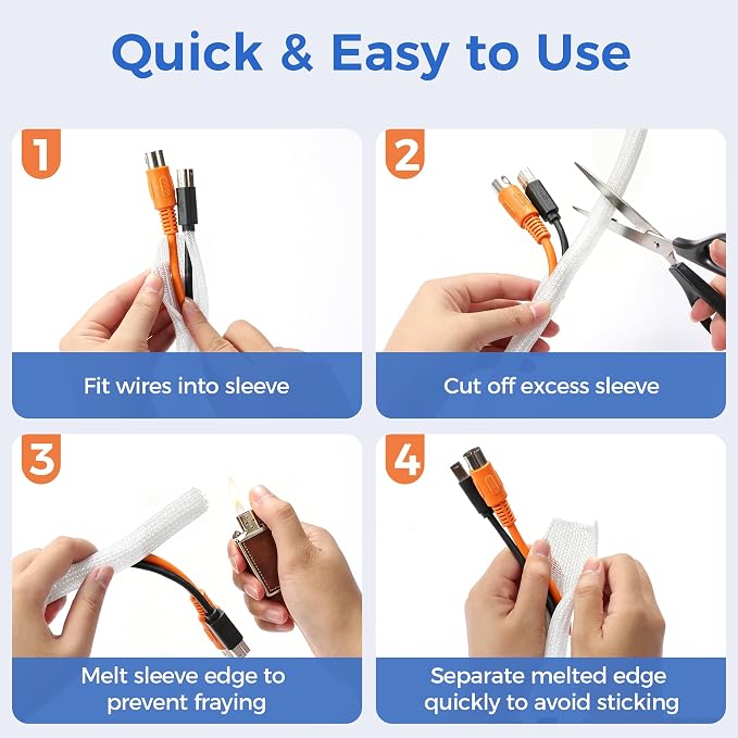 Delamu 10ft - 1/2 inch Cable Sleeve Cord Protector from Pets No Chew, Split-Braided PVC Wire Loom Tubing for Desk Computer USB TV Cord Organizer, Easy Set-up Cable Management Sleeve Kit, White