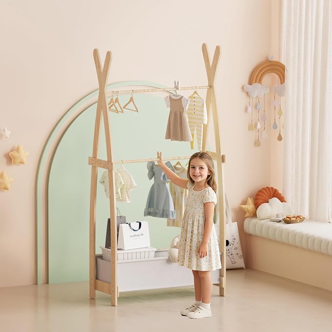 HedoAjim Kids Clothing Rack Dress Up Storage Shelf Closet for Girls Pet Coat Baby Garment Wardrobe Toddler Costume Closet Organizer Hanging Clothes with Double Hanging Rod Wood Nursery