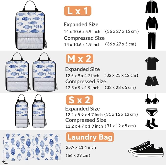 TropicalLife Nautical Fish Print 6 Set Compression Packing Cubes | Compressible Expandable Luggage Suitcase Organizer Bags Space Saver Bags for Carry on