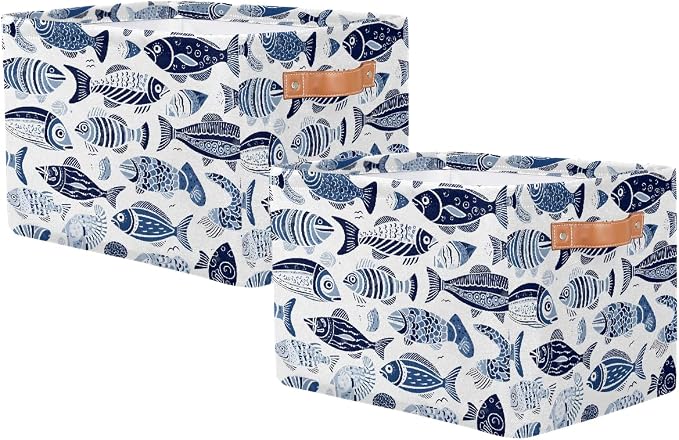 Ethnic Sea Fish Rectangular Storage Bin Collapsible Storage Basket Organizer Boxes with Leather Handle Storage Cube for Shelves Toy Laundry Nursery 2 PC