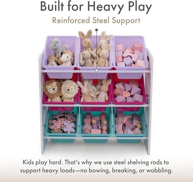 Humble Crew Kids Toy Organizer with 9 Bins, 3 Tier Storage for Playroom | Sturdy wood and steel toddler shelf, removable BPA-free containers, wall anchor anti-tip safety kit for bedroom or classroom