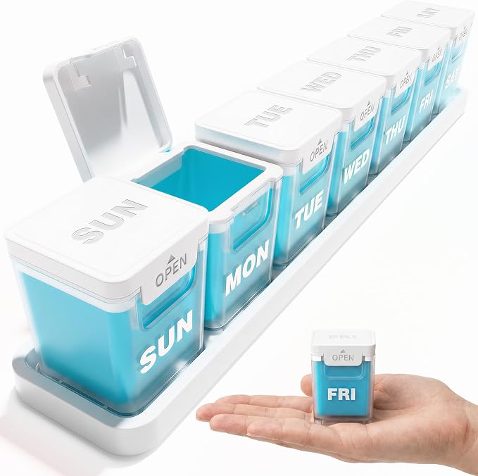 ODARO Extra Large Weekly Pill Organizer Once A Day - Blue | Large Capacity, Big Font, Wide Opening Easy For Seniors, Detachable Portable, Spill Proof, BPA Free