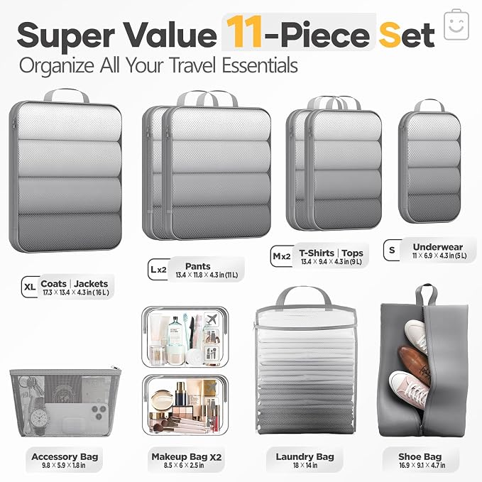 Veken 11 Set Compression Packing Cubes Garment Bags for Travel Essentials,Compressible Expandable Luggage Organizer Bags for Clothing,Space Saver Bags with Over 1000 pcs of Mesh Holes(Gray)