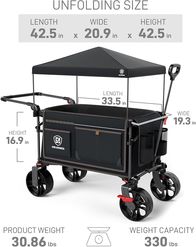 EVER ADVANCED Folding Push Wagon with Canopy, Shopping Cart with Brakes | Portable Collapsible Wagon Cart with All-Terrain Big Wheels for Camping, Beach, Sports