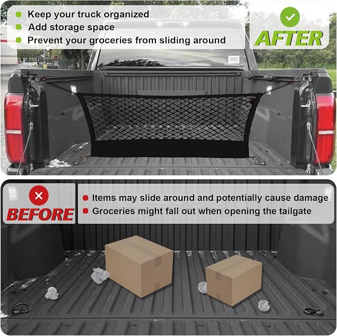 Muslogy Cargo Net for 2024 2025 2026 Toyota Tacoma | Custom Fit, Truck Bed Storage Organizer Net for Pickup Truck Bed Divider, Heavy Duty Carabiners, Night Visible Grab Handle