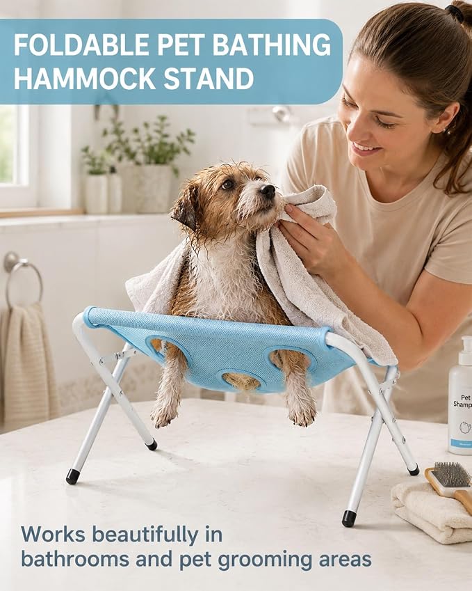 Cat Grooming Hammock,Foldable Pet Table For Dogs Home,Dog Bath Stand | Painted Iron Frame,Soft Breathable Sling,Secure Restraint,Portable Design,Small Breeds,Nail Care,Washing Support(Pink)