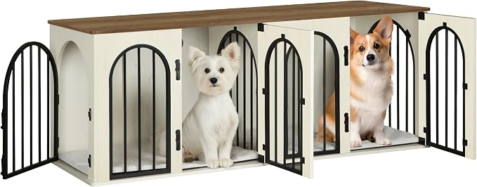 Hzuaneri 63" Double Dog Crate Furniture, Dog Kennel Indoor with Cushion | Heavy Duty Dog Crate Furniture for 2 Dogs,Dog Cage End Table TV Stand with Divider for Med-Large Dogs,White Brown DFC80914BV1