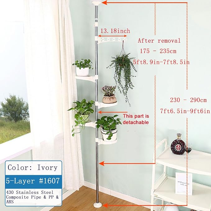 BAOYOUNI 5-Tier Plant Stand Pole Tension Rod Flower Holder Rack, Ivory | Adjustable Stainless Steel Vertical Garden Organizer ,Space-Saving Indoor Plant Display ，No-Drill 4 Trays&1 Hook
