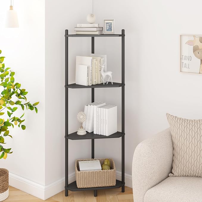 Wisuce Black Small Corner Shelf Stand, 4-Tier Bamboo Corner Bookshelf | Space-Saving Narrow Corner Shelf | Bathroom Corner Shelf | Shelves for Bedroom, Living Room, Kitchen & Plant Display