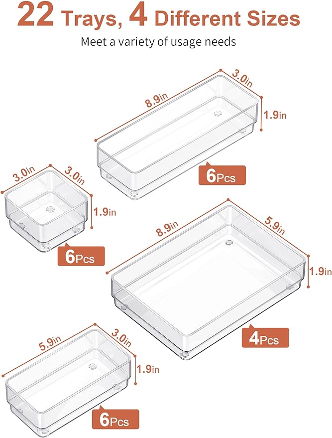SMARTAKE 22 PCS Drawer Organizer, 4-Size Desk Bathroom Drawer Organizer | 4-Size Storage Tray with Non-Slip Silicone Pads for Makeup, Jewelries, Utensils in Bedroom Dresser, Office and Kitchen, Clear