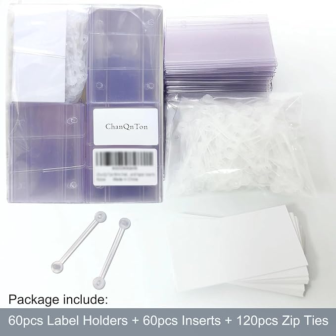 ChanQnTon Plastic Shelf Labels, 60pcs Label Holders with 120pcs Snap Lock Hanging Loops and 60pcs Matched Paper Inserts for Wire Basket,Price Tags,Shelf Tags for Wire Shelving 3.15x1.57inch