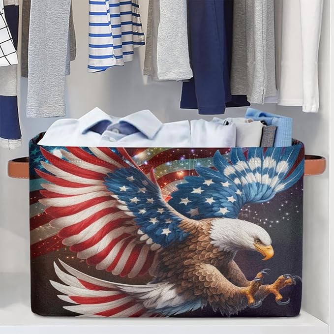 Pardick Basket Storage Bins American Flag Eagle Rectangle Cube Basket Box Kids Girls Boys Toys Organizer Beaket Decor Foldable with Handle for Living Room Bedroom Closet Nursery Office Shelf Gifts