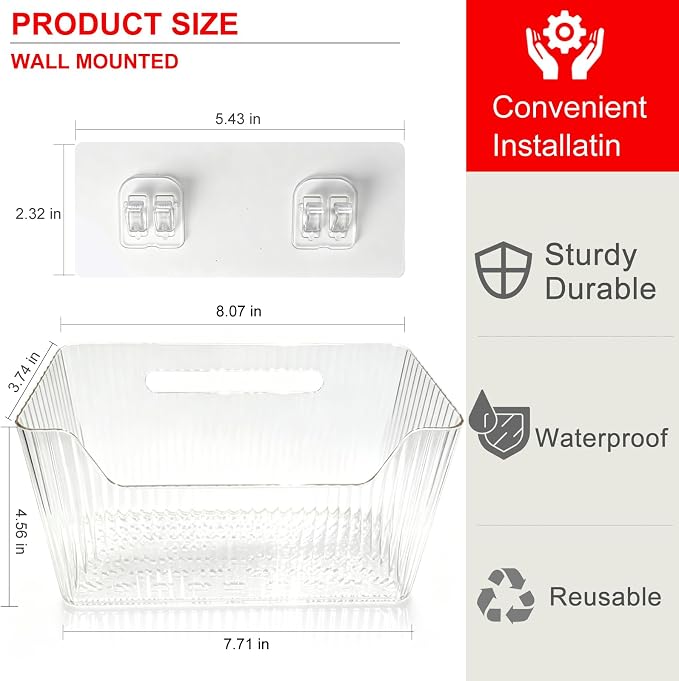 Under Sink Sponge Holder, Cabinet Door Organizer, Stackable PET Organizer, Adhesive Wall Mounted Storage Bins for Kitchen Bathroom Pantry, Clear