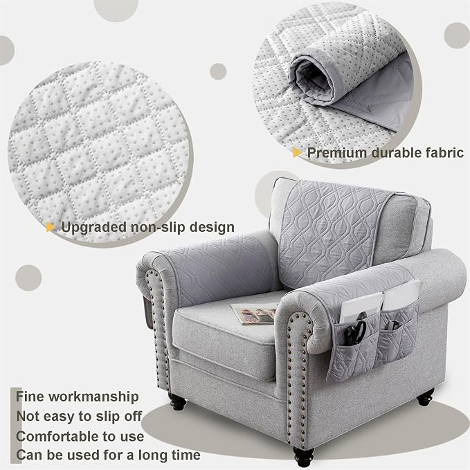 Recliner Armrest Cover with Headrest, Chair Armrest Slipcover with Side Pockets, Water-Resistant, Non Slip Furniture Protector for Pets(Light Gray,2 Seater 4PCS)