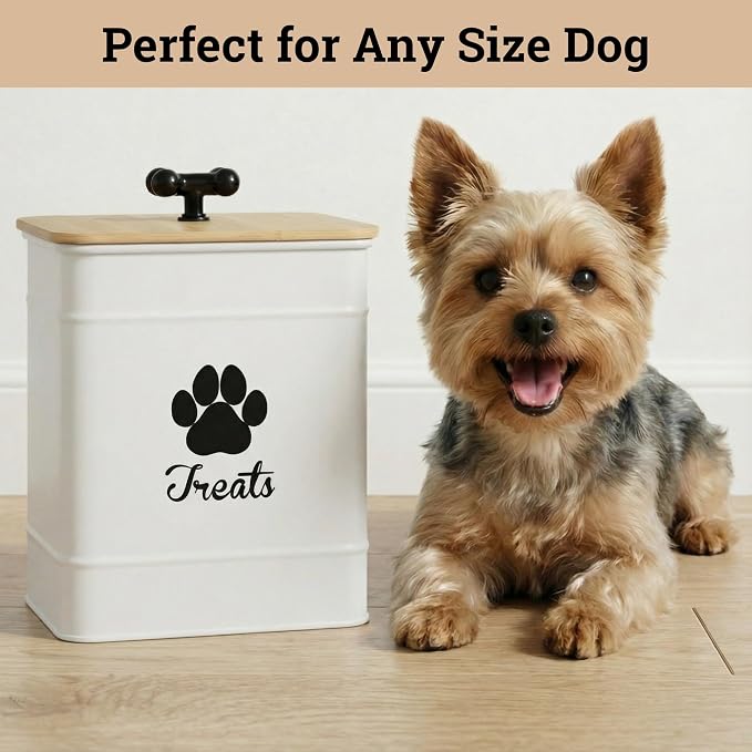 Dog Treat Container Airtight, 6"W x 8"H, Powder Coated, 12 Cup Capacity | Fits All Popular Treats, 12 Cup Capacity, Airtight Bamboo Lid, Easy Open Lid, Dent-Resistant Durable Metal Bone-Shaped Handle