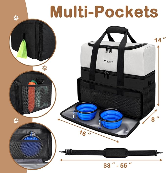 Mancro Dual Layers Dog Travel Bag, Dog Mom Gifts, Road Trip Essentials | Pet Travel Bags with 2 Extra Large Food Containers, 2 Collapsible Dog Bowls, Multi-Pockets Tote Organizer for Pet Supplies