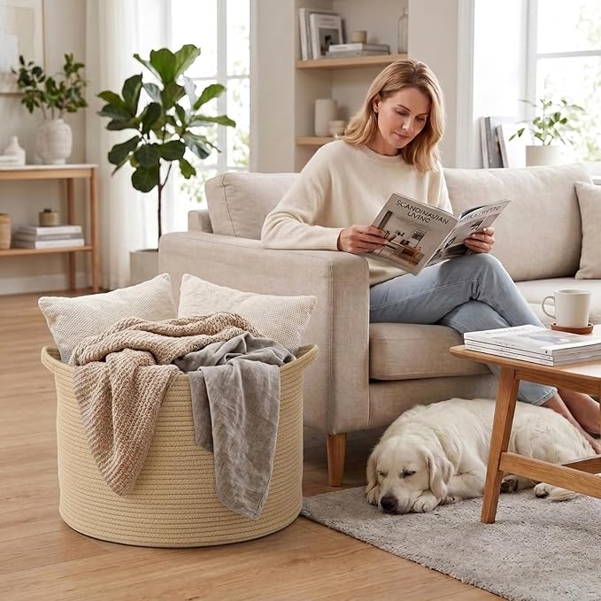 115L Extra Large Blanket Basket,Woven Rope Laundry Basket-Camel | Collapsible, reinforced handles, nursery storage bin organizes clothes, toys and pillows for living room, bedroom bathroom