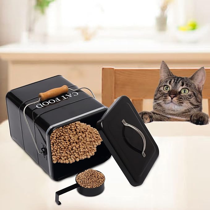 Cat Food Treat Storage Container with lid scoop included - Perfect Farmhouse Cat Food Bin for Kitchen Countertop, Shelf, Decoration Home - Cat Food - Black