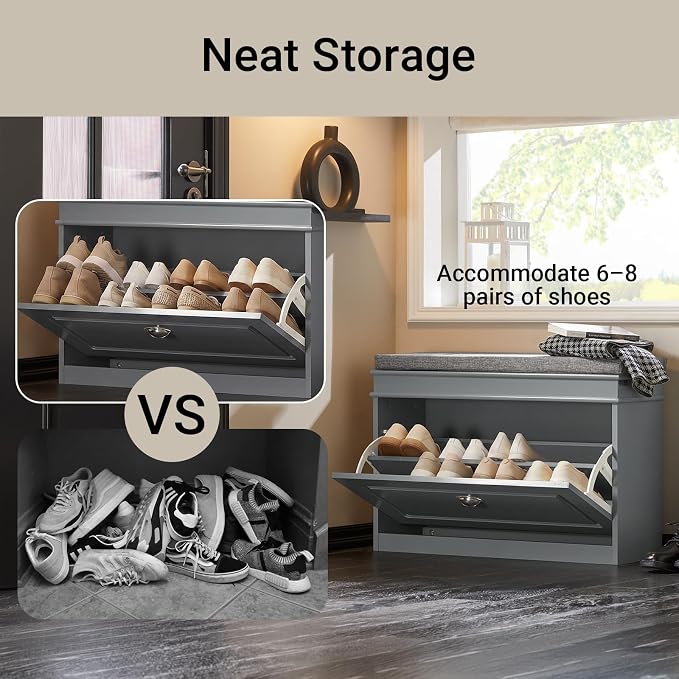 Haotian Shoe Storage Bench with Cushion, Grey Narrow Shoe Rack for Entryway, Small Shoe Cabinet with Flip-Drawer, Closet Hallway Mudroom FSR82-L-HG
