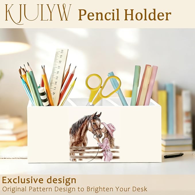 Western Cowgirl Pen Holder for Desk, Horse Gifts for Girls, Farmhouse Cowgirl Horse Wooden Box Pencil Pen Holder Organizer for Home Office Desk Accessories