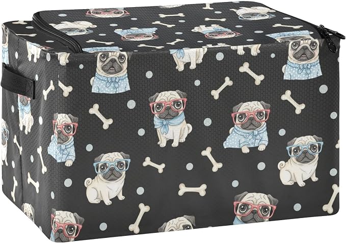 Cute Pets Pugs Black print Under Bed Storage Containers with Double Zipper Openings, Foldable Clothes Storage Bins with Clear Window and Handles for Blankets Bedding Comforters