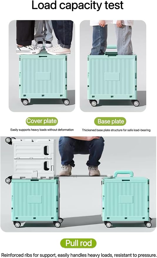 Foldable Utility Cart, Portable Rolling Crate with 360° Rotating Wheels, Detachable Lid,Telescoping Handle, Collapsible Trolley for Travel, Office, Grocery, and Storage (Grey)