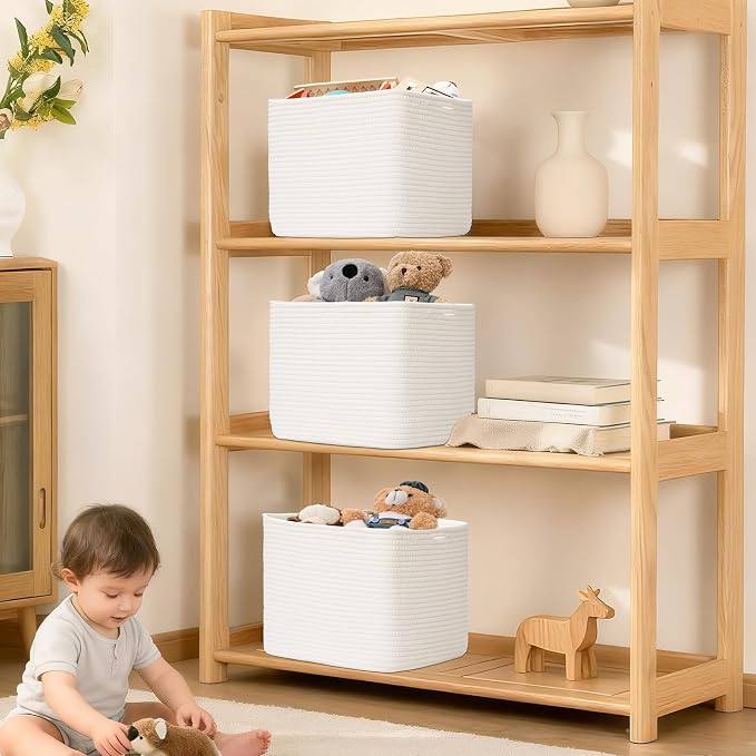 3 Pack Cube Storage Bin, 12”x12”x10” Cotton Rope Woven Baskets for Organizing Toys Clothes Towels, Square Gift Storage Baskets for Shelves, Nursery, Closet, Bathroom, Pantry (White)