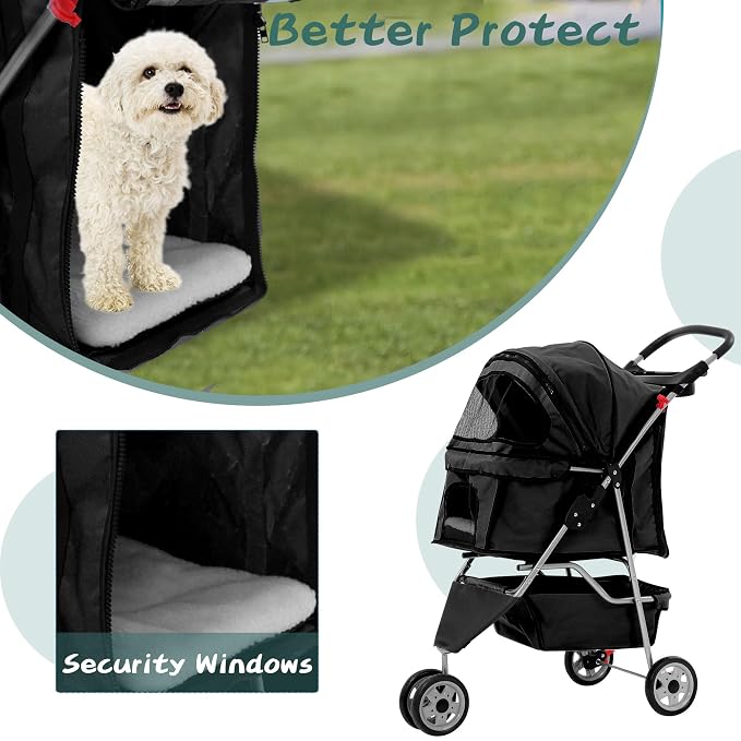 Dog Stroller with Storage Basket,3 Wheels Pet Stroller,Breathable Compact Portable Folding Carrier for Travel,Camping,Dog Carrier for Small Medium Dogs Or Cats,Lightweight Waterproof Pet Stroller