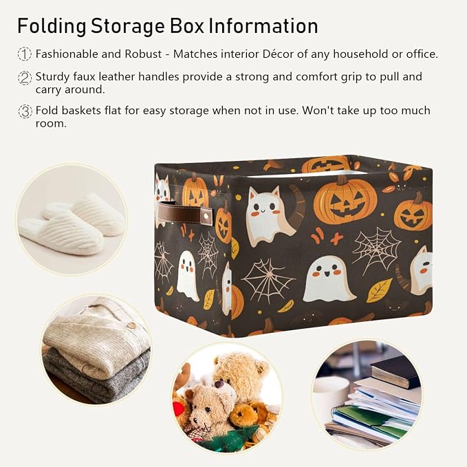 Kigai Storage Basket, Fabric Collapsible Closet Organizer Bin | Halloween Boo Pumpkins Waterproof Foldable Canvas Basket with Handles for Shelves, Nursery, Closet, Bedroom & Bathroom