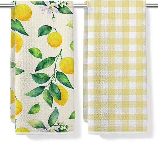 Lemon and Yellow Checkered Kitchen Towels, Quick Dry Multipurpose Waffle Weave Hand Towels for Bathroom, Absorbent Reusable Cloth Tea Dish Towels for Home Decor, Lemon Lover Gift Towel Set of 2