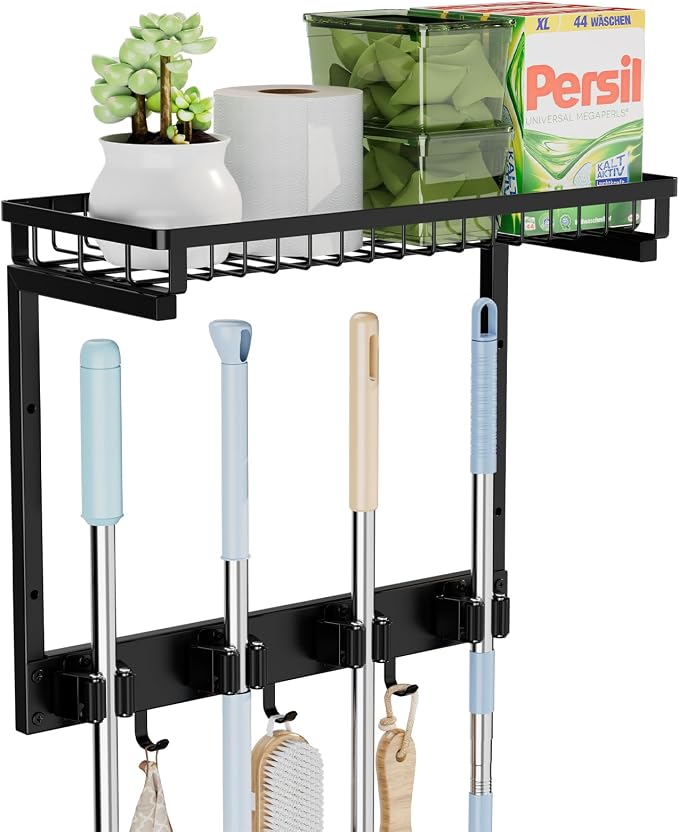 Broom Holder Wall Mount, Mop Organizer with Cleaning Tools Storage Shelf | Sturdy Metal Barn Cleaning Supplies Holder Gripper Hooks, Utility Hanger Closet Organizer for Home Improvement Garage Kitchen