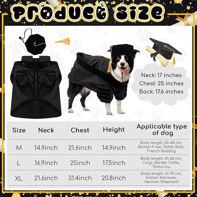 Huhumy 3 Pcs Dog Cat Graduation Doctoral Costume Set, 2026 Pet Phd Graduation Cap and Deluxe Doctoral Gown with Hood Side Tam Puppy Kitty Dogs Grad Holiday Party Costume Accessory(Black,L)