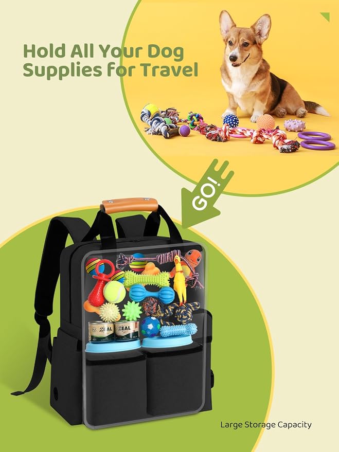 DELOMO Dog Travel Bag, 25L Airline Approved Dog Travel Backpack Set, Black | 2 Food Containers + 2 Collapsible Bowls + 1 Waterproof Mat, for Weekend to Week-Long Pet Travel, Camping, Road Trips