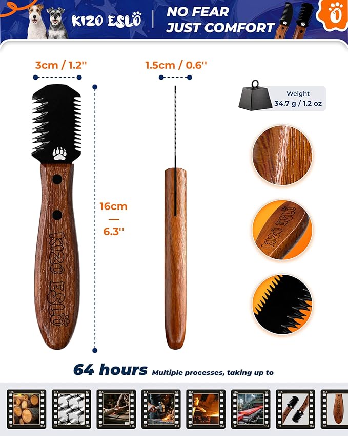 2 in 1 Stripping Knife for Dogs – Gentle Hand Stripping & Carding Knife for Terriers & Double-Coated Breeds, Solid Sapele & Black Oxide Stainless Steel,Easy to Clean,Dog Grooming Tool(Right-Handed)