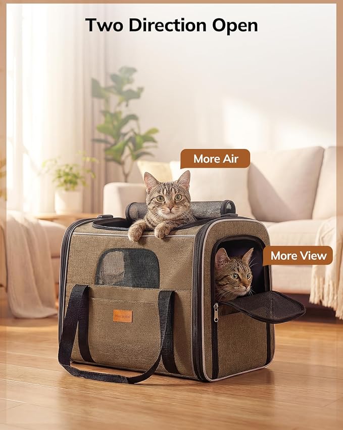 Morpilot Pet Carrier for Large Cats, Puppies & Small Dogs Up to 20lbs | Escape-Proof with Locking Zippers, Dual-Sided Cushion, Safety Buckle for Car & Vet Travel, Includes Foldable Bowl (Brown)