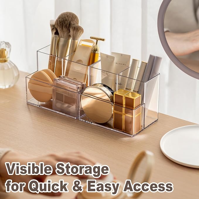 Clear PET Makeup Organizer, Lipstick Brush Holder for Bathroom Cabinet- Transparent Medicine Cabinet Organizer Multi Compartment Storage Box Holder for Countertop, Home Office Classroom