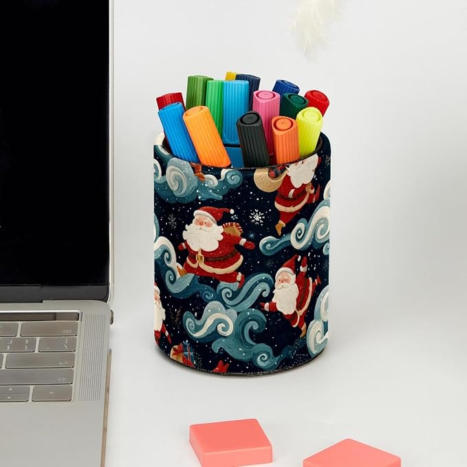 Faux Leather Pen Holder for Desk, Pencil Organizer Cute Santa Claus Pen Cup Desk Decor Makeup Brush Holder Storage for Office Home