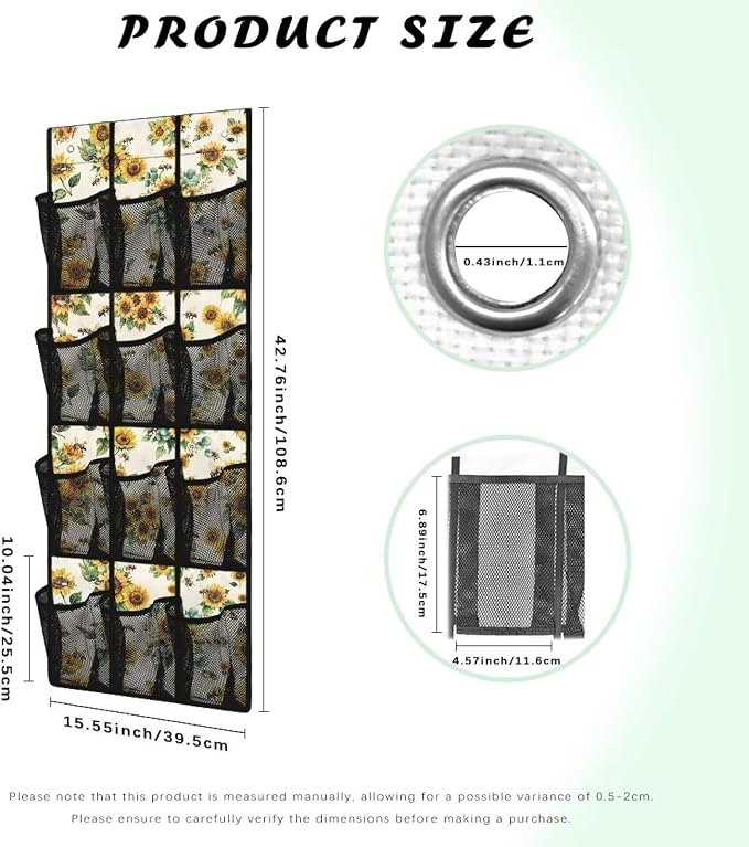 Sunflower Print Over the Door Shoe Organizer,Shoe Organizer Door Hanger with 12 Mesh Large Pockets,Space Saver,Unique Print