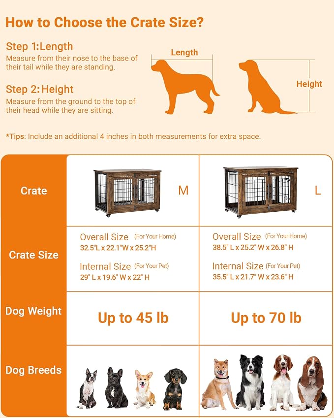 YaFiti Dog Crate Furniture, 32.5” Wooden Dog Kennel, 2 Pack, Rustic Brown | Cushion, Wheels, Double Doors, Furniture Style, Side End Table, Decorative Pet Cage House, Up to 45 lb, for Small/Medium Dogs