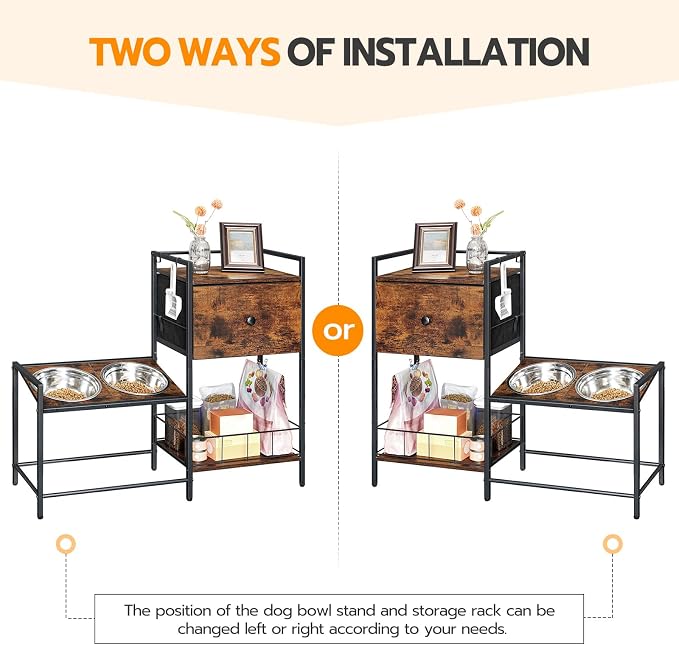 HOOBRO Elevated Dog Bowls Stand with Drawer, Height Adjustable Raised Feeding Station Cabinet with Storage Basket, 4-IN-1 Pet Storage Organizer for Large Medium Breeds, Rustic Brown and Black BF22PO03