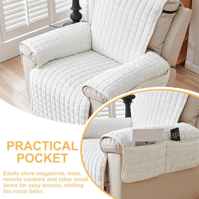 Polyester Flannel Recliner Cover, Non-Slip with 2 Side Pockets | Soft short-pile polyester with silicone backing guards armrests from pet scratches; thick one-piece cover, machine washable.