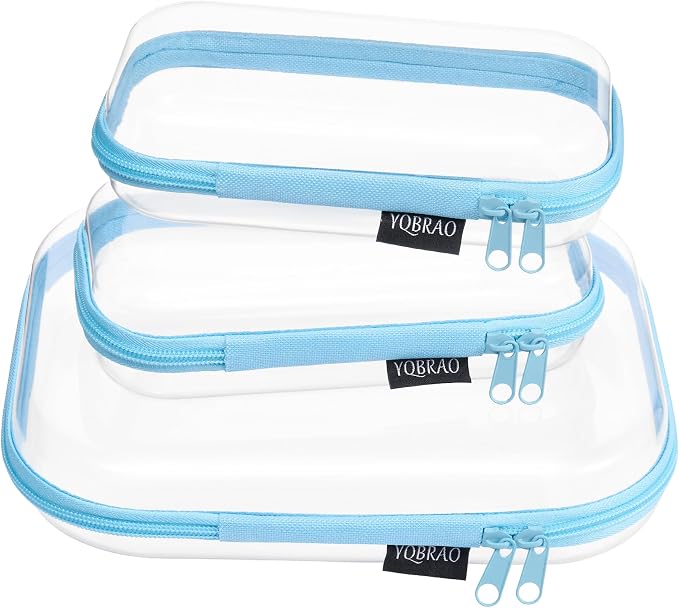 YQBRAO Clear Hard Shell Organizer Cases, 3-Pack, Blue | Rigid 1.2 mm clear PET organizers with multi-size design for travel, cables, and everyday essentials