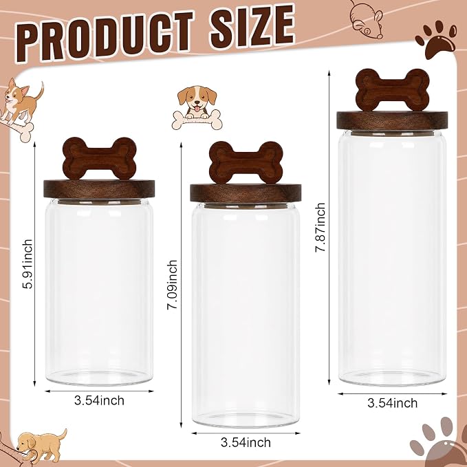 3 Pcs Glass Dog Treat Container, Dog Food Jar with Wooden Lid | 3 Large Sizes, Airtight Pet Treat Storage Container, for Kitchen Counter, Treats Canister, Doggie Cookie, Pets