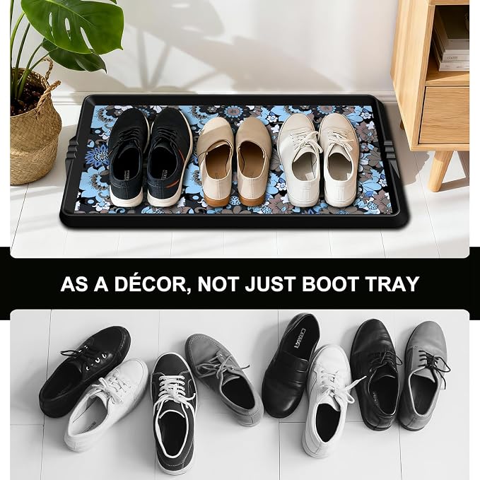 BEHERO Boot Tray Shoe Mat Decorative Patterned, Rubber Shoe Matt Tray Indoor/Outdoor Use, 16" x27.5" Shoe Cleaning Mat Non-Slip, Shoe Storage Waterproof Flower Prints for Entryway, Velvet Bloom